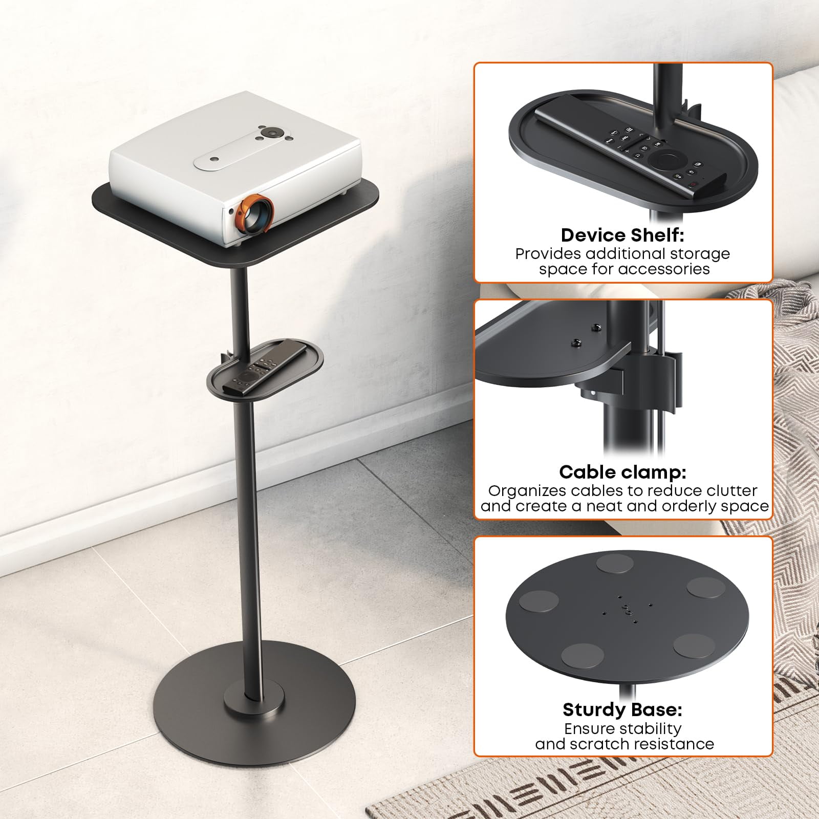 PUTORSEN Heavy-Duty Projector Stand – Height Adjustable Floor Projector Stand，Extends 27.6" to 47.2",13.2lbs Capacity, for Home, Office, and Outdoor Use