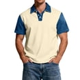 thumbnail image 3 of Blekii Men's Denim Patchwork Short Sleeve Polo Shirt Slim Fit Casual Button down Beige L, 3 of 7
