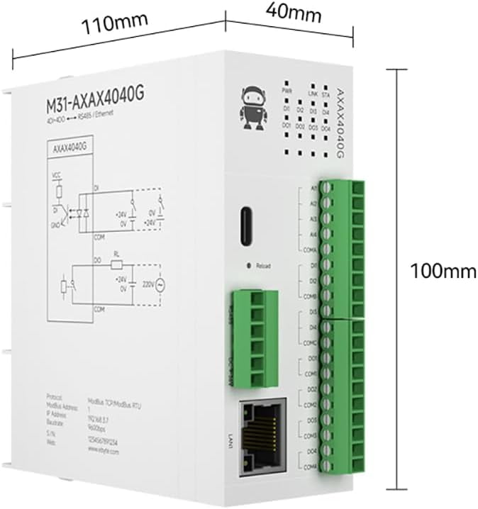 4DI+4DO Remote IO Module RS485 Ethernet RJ45 M31-AXAX4040G Analog Switch Acquisition Modbus TCP RTU Firmware Upgrade
