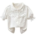 thumbnail image 4 of FAVIPT Puff Short Sleeve Shirts for Kids Summer Cotton Lace Trim Collar Blouse Casual Cute Solid Button School Shirt White,11-12 Years, 4 of 9