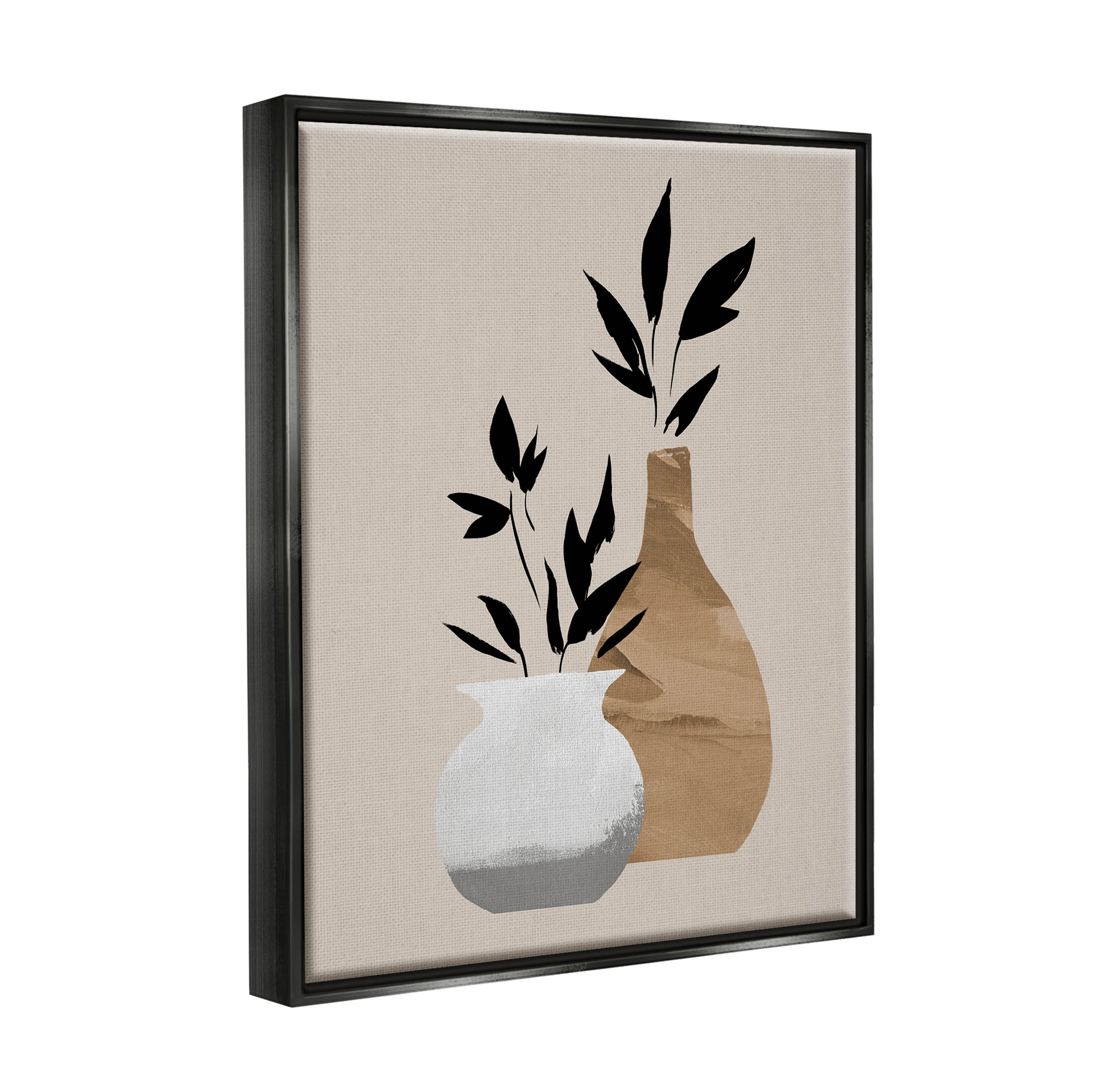 Stupell Industries Contemporary Leaf Sprig Vases Graphic Art Jet Black Floating Framed Canvas Print Wall Art, Design by Jacob Green