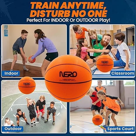 NERO SPORT Ninja Silent Basketball- Soft Foam Indoor Basketballs Size | Soundless Ball for Quiet Dribbling and Indoor Training (Regular Size)