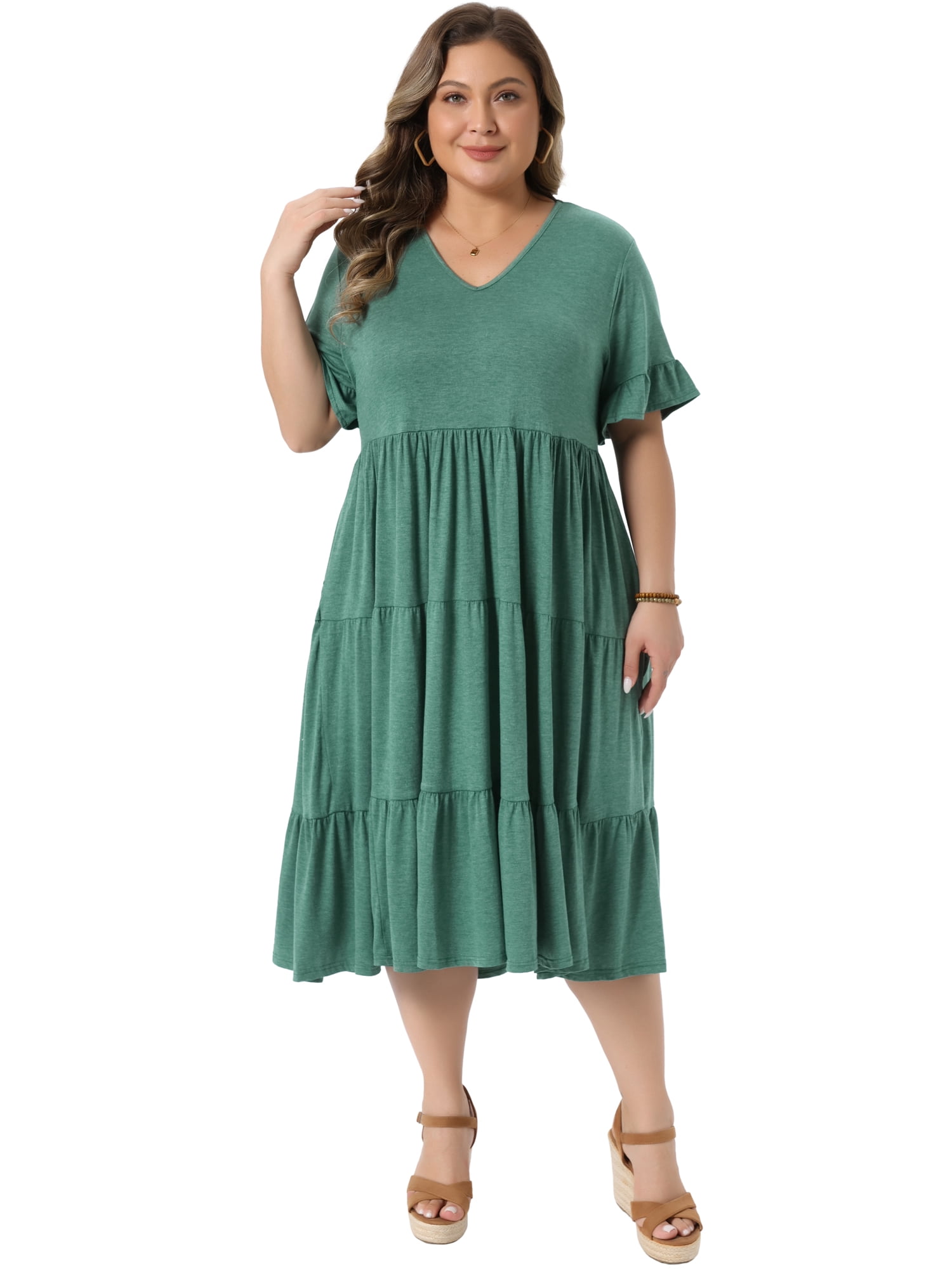 DARING DIVA Women's Plus Size Babydoll V Neck Ruffle Sleeve Swing Tiered Dress 3X Green