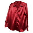 thumbnail image 7 of Lenpel Button down Shirts for Women Long Sleeve V Neck Collared Pleated Curved Hem Satin Silk Blouses Business Casual Tops(Red,Large), 7 of 7