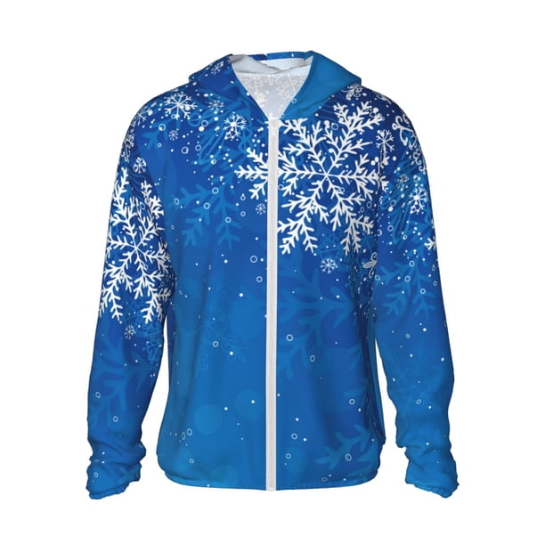Fotbe Blue Christmas With Snowflakes Chaqueta con Protección Solar UPF 50+ para Hombre y Mujer, Camisa con Capucha y Bolsillos-Small