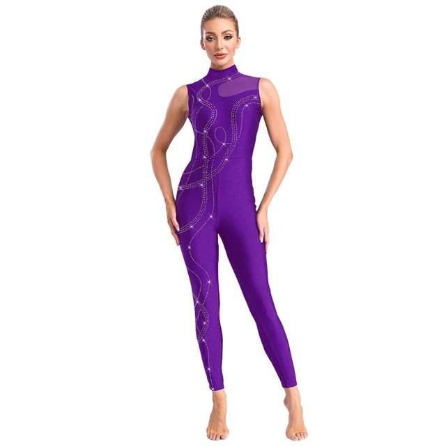 Xnihocha Combinaison de Gymnastique Sans Manches avec Strass Scintillants pour Femmes Violet L