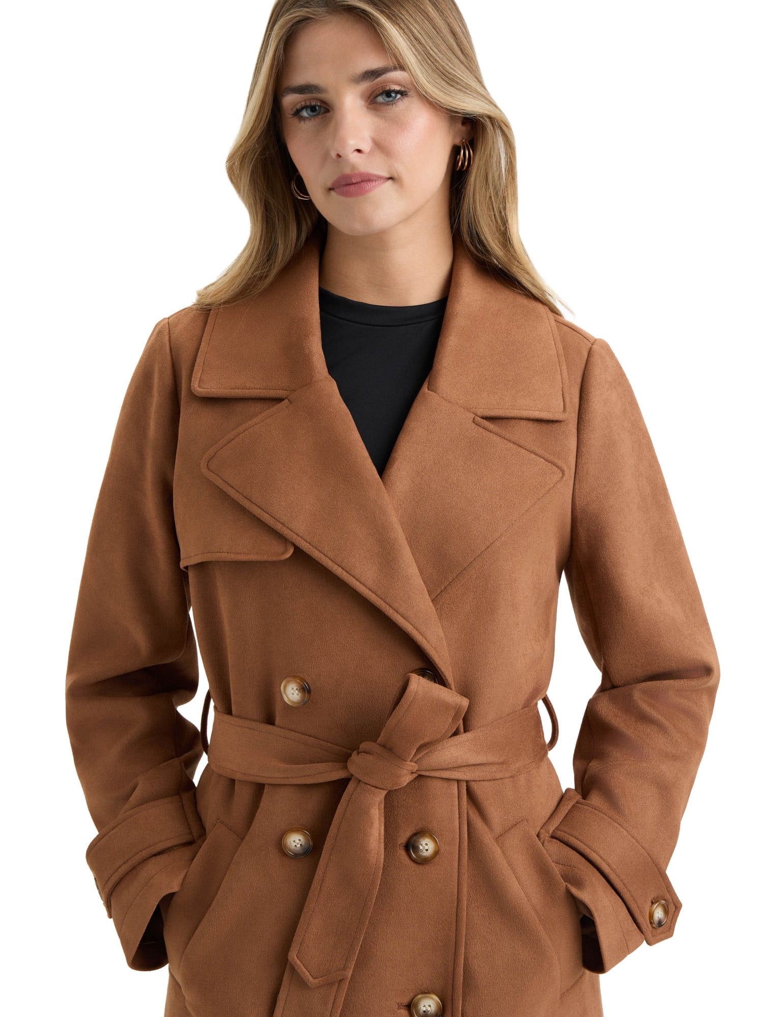 NOVELTI Womens Faux Suede Longline Belted Trench Coat with Side Pockets