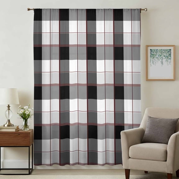 Black Grey Plaid Sheer Curtains 96 Inches Long, Modern Abstract Ombre Gingham Checkered Light Filering Curtains, Privacy Drapes Simi Floor to Veiling Curtain for Living Room Large Window Treatment