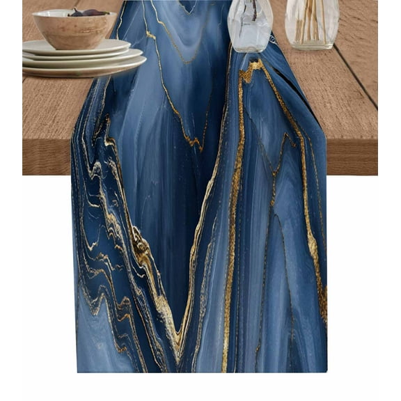 Ldtrchee Navy Blue Marble Table Runner 48 Inches, Modern Contemporary Art Bed Runner Dresser Scarves Tabletop for Indoor Outdoor Parties/Ceremony/Banquet, 13" x 48"