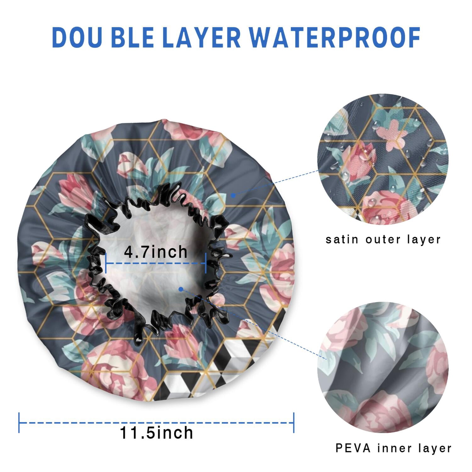 Shower Caps,Pioneer Flower Floral Print Pattern Waterproof Shower Cap for Women 4 Pieces,Double Reusable Hair Cover for Shower PEVA Elastic Stretch Hem