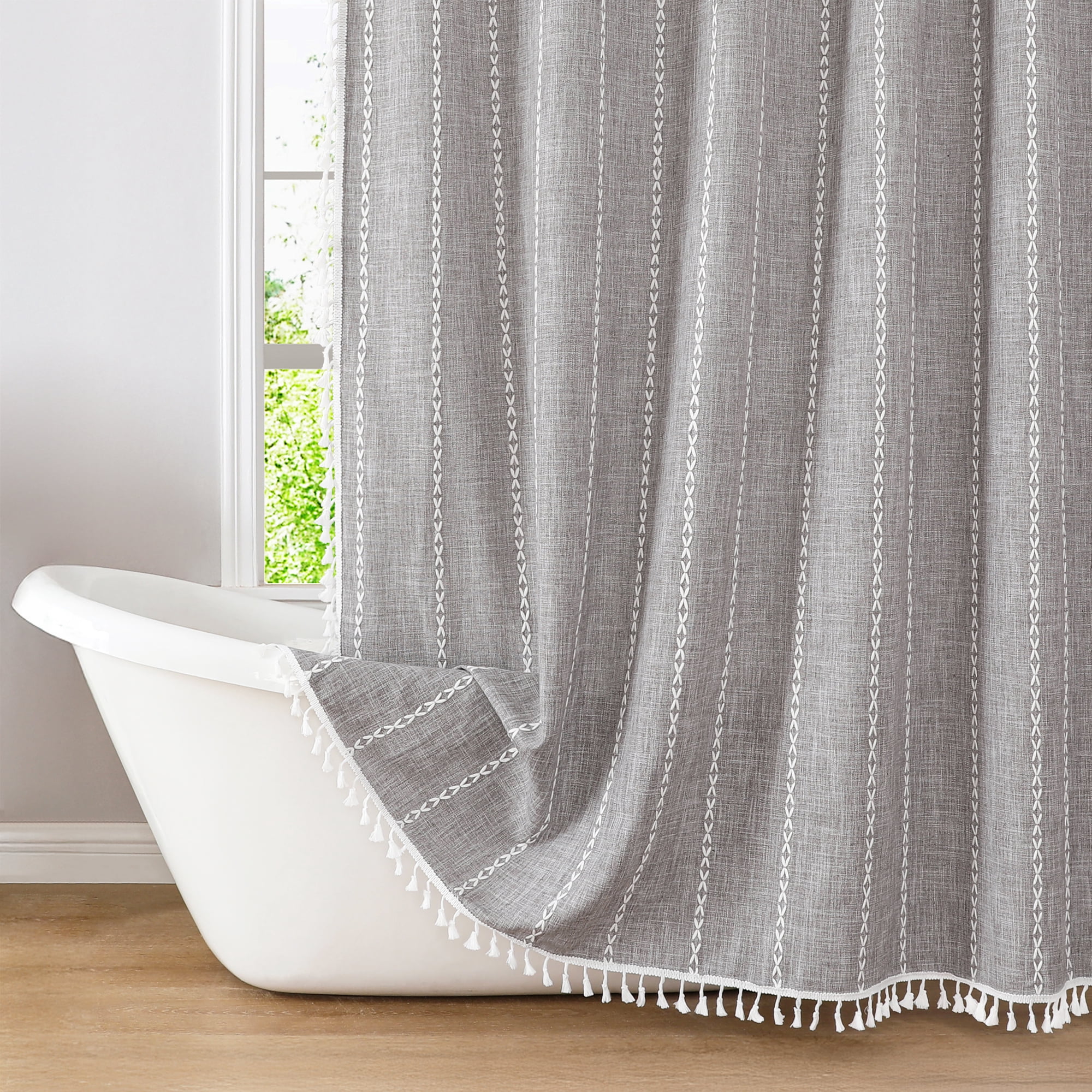 Americanflat 71x71 Woven Linen Gray Shower Curtain with Tassel Accents - Includes 12 Grommets and Hooks - 100% Polyester