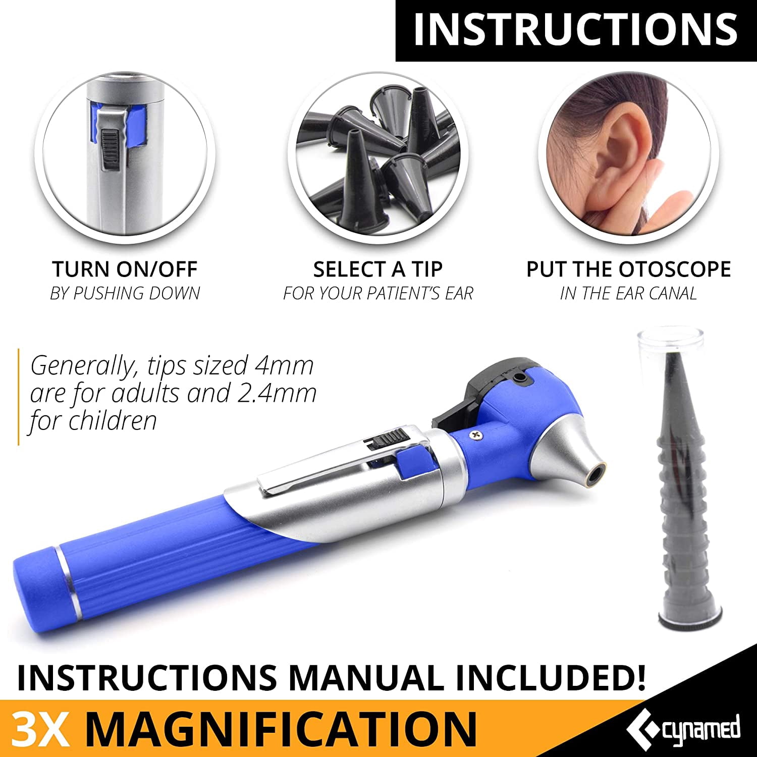 Cynamed Mini Otoscope - Portable Ear Light and Exam Kit for Home and Professional Use - 4X Magnifying Fiber Optic Scope with Spare Tips, Bulb, and Carrying Case - Pocket Diagnostic Equipment (Blue)