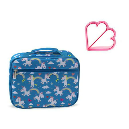 Keeli Kids Girl Blue Unicorn Lunch Box Bag with Heart Sandwich Cutter in Aqua Blue