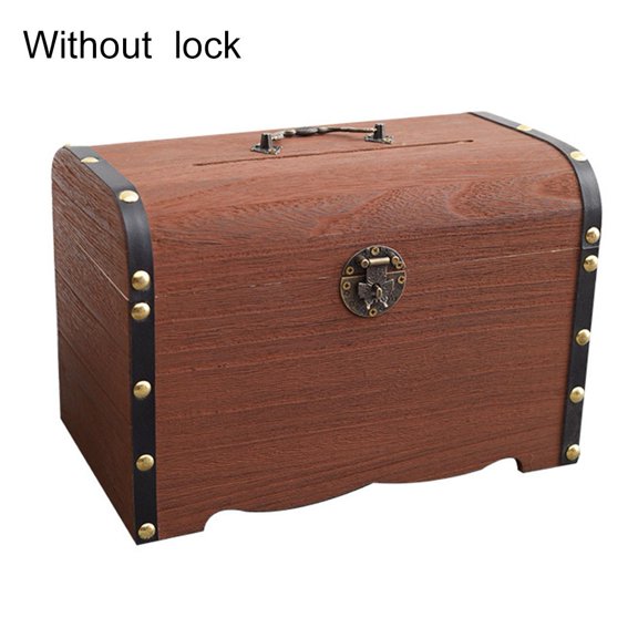 Wooden Treasure Chest with Lock and Key Retro Wooden Lid Piggy Bank Coin Box