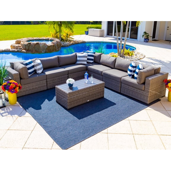 Tuscany 8-Piece Resin Wicker Outdoor Patio Furniture Sectional Sofa Set with Seven Modular Sectional Seats and Coffee Table (Half-Round Gray Wicker, Sunbrella Canvas Charcoal)