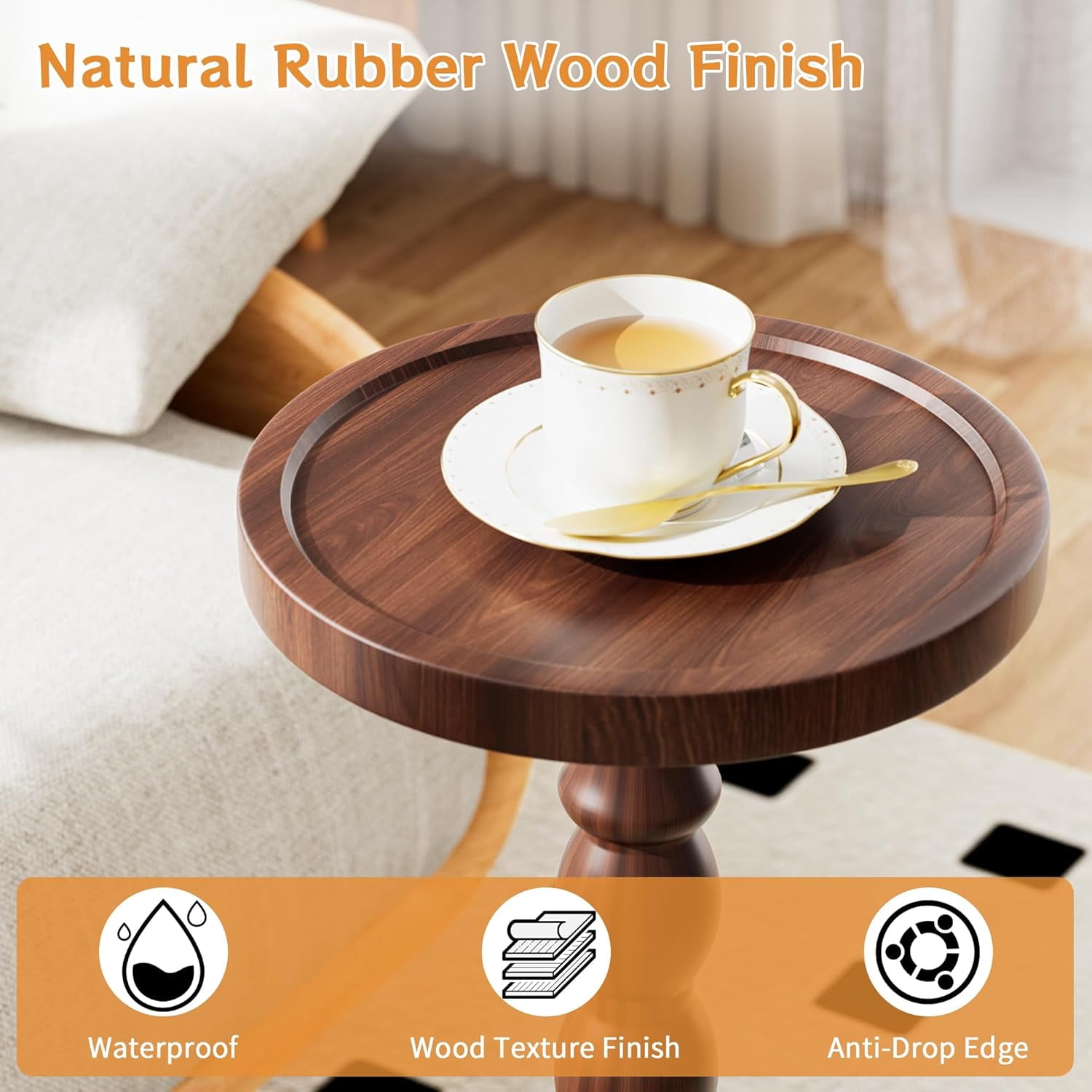 Finew Solid Wood Drink Table, Rubber Wood‌ Small Round Side Table for Small Spaces, Martini Tables, Pedestal End Tables for Living Room, Bedroom, Corners, and Office (Dark Walnut, 9.4 inch)