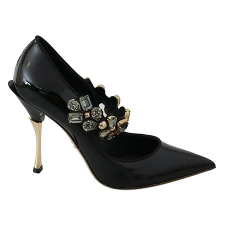 

Dolce Gabbana Black Leather Crystal Shoes Mary Jane Pumps