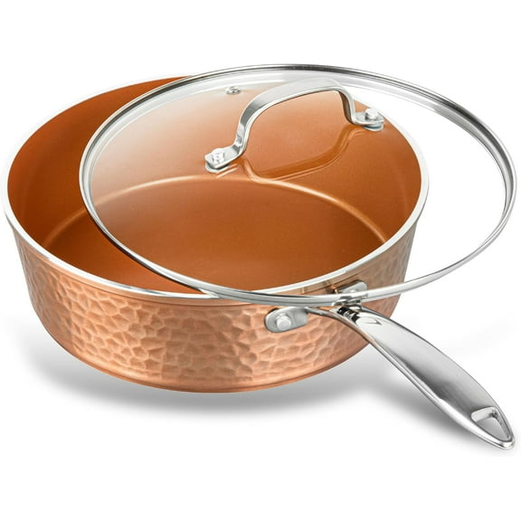 Gotham Steel Hammered 4 Quart Ceramic Frying Pan Non Stick with Lid, Nonstick Sauce Pan, Jumbo Cooker Cooking Pan Sauté Pan, Ceramic Family Pan, Frying Pans Nonstick with Lid, Copper
