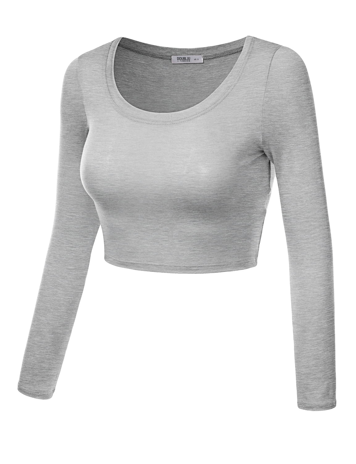 Doublju Womens Round Neck Slim Fit Long Sleeve Crop Tops