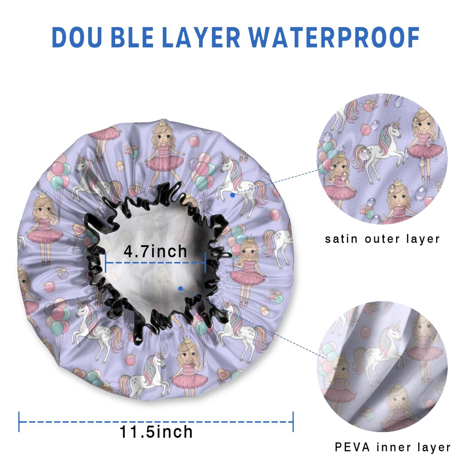 Shower Caps,Princess and Unicorn Pattern Waterproof Shower Cap for Women 4 Pieces,Double Reusable Hair Cover for Shower PEVA Elastic Stretch Hem