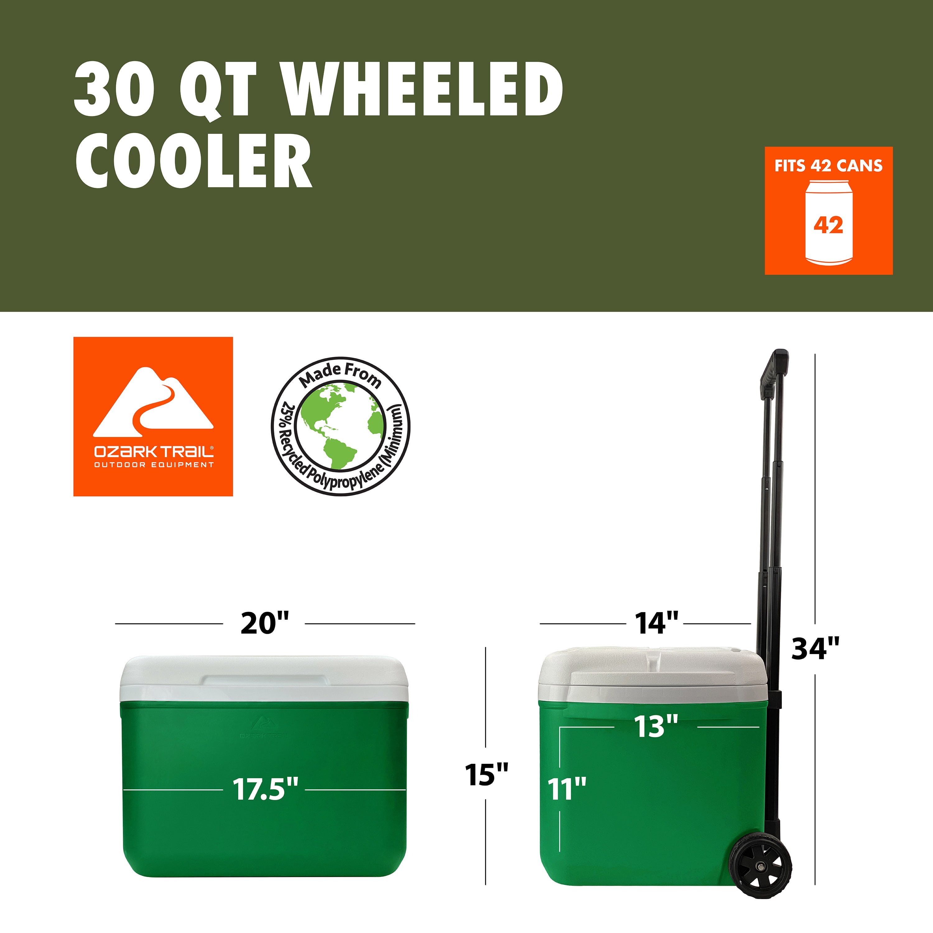 Ozark Trail 30 Quart Capacity Hard Side Wheeled Cooler, 42-Can, Bright Green
