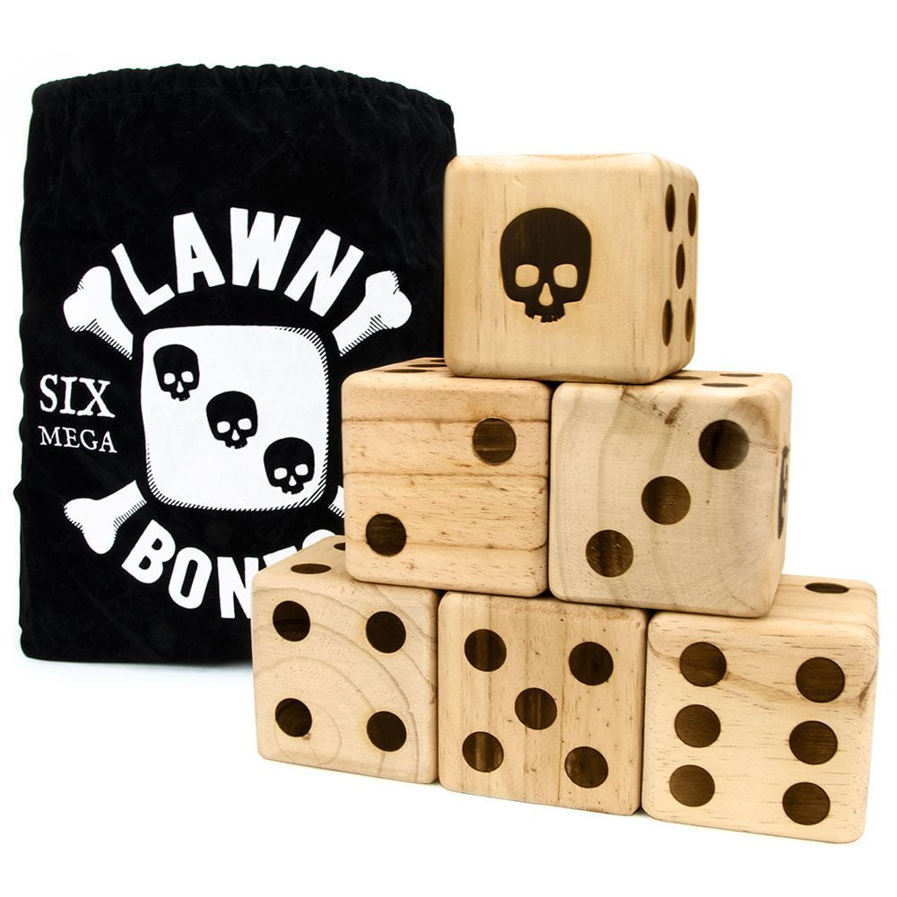 Set of 6 Lawn Bones 3.5" Jumbo Pine Wood Dice with Carry Bag and Games Insert by, Roll the bones
