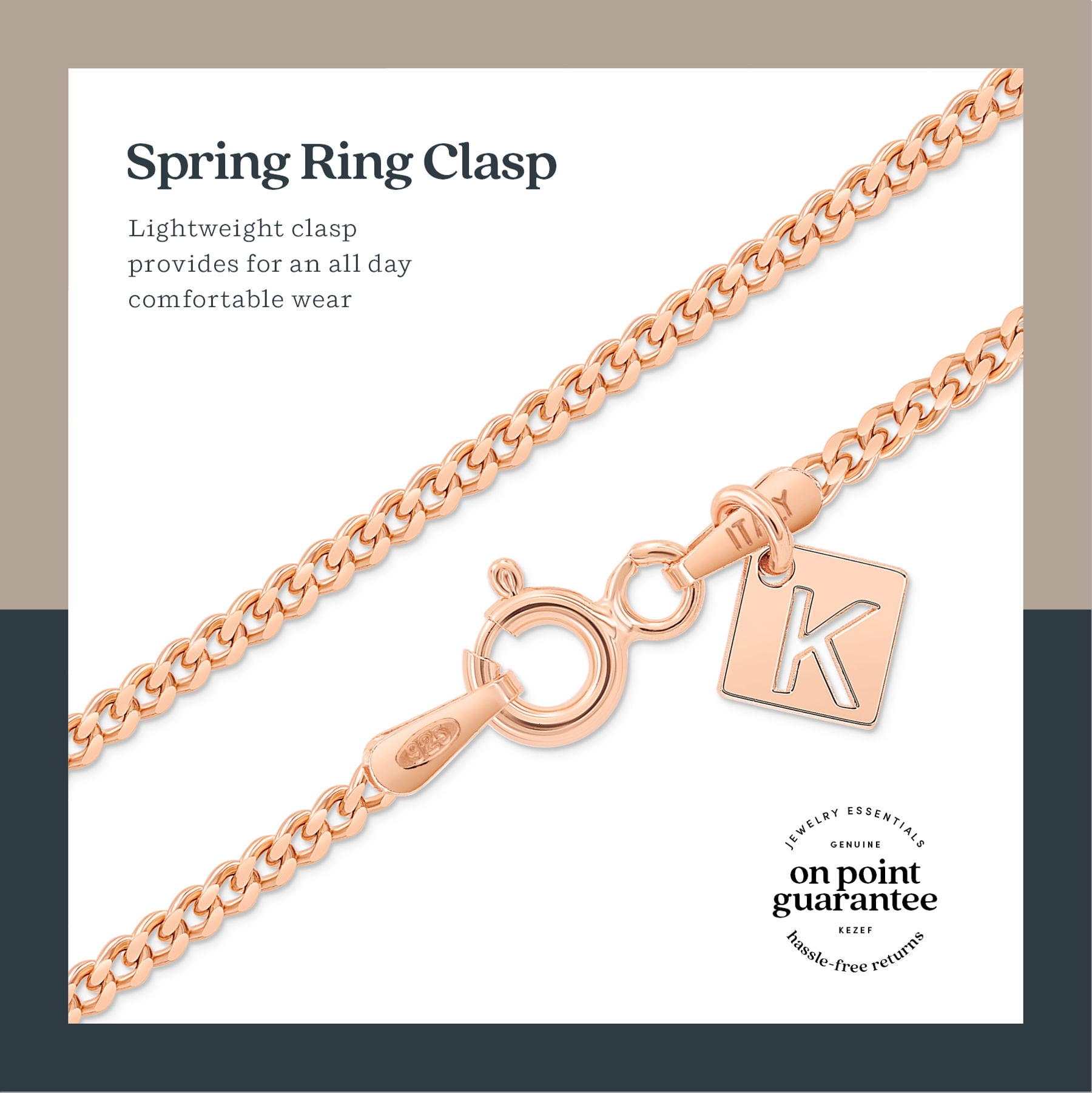 Kezef Rose Gold Plated Sterling Silver Cuban Curb Chain 1.8mm Women's or Men's Necklace, Made in Italy, Curb Link 36" Necklace