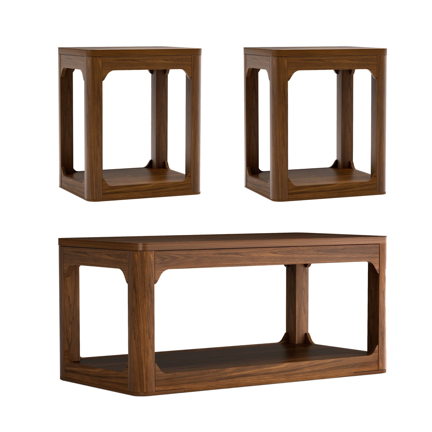 Hommoo Modern 3-Piece Coffee Table Set with Storage, Living Room Coffee Table + 2 Side Tables, Rounded Edges, Easy Assembly, Walnut