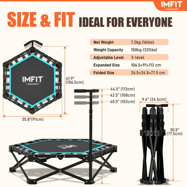 Trampoline De Fitness Pliable 42 Pouces (110 Cm) – Guidon Réglable, Élastique, Charge Max 450 LB (300 Kg) – Cardio, Saut, Pour Adultes Et Enfants, Intérieur/Extérieur