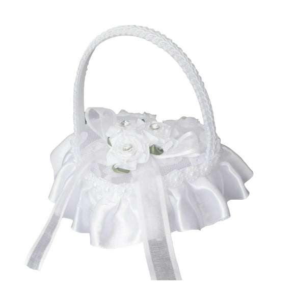 harmtty Wedding Ring Basket Flower Decor Rhinestone Solid Color Heart Shape Mesh Hold Ring Lace Fabric Bow-knot Ring Holder,D
