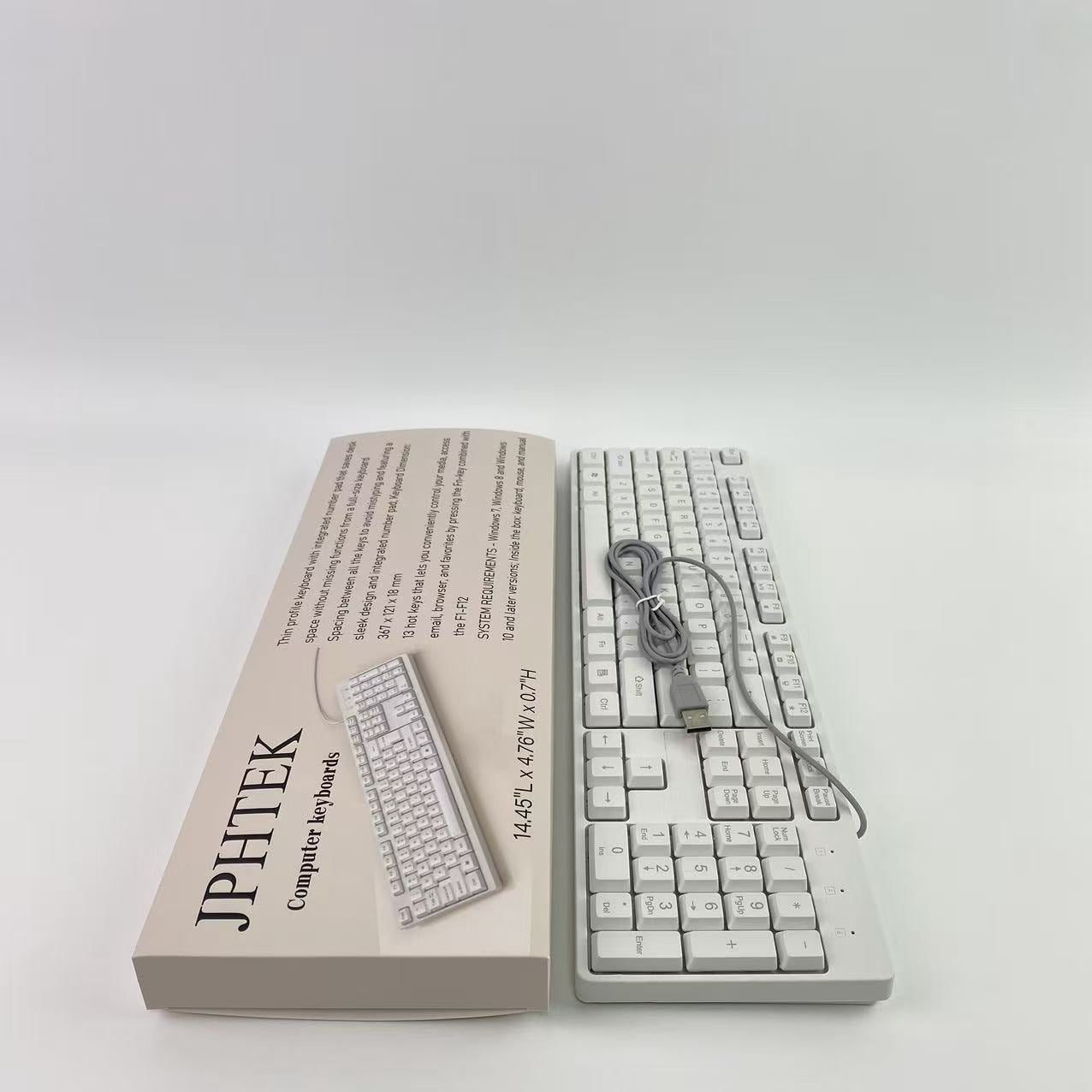 JPHTEK Computer keyboards,Wired Quiet USB Keyboard - 14.45x4.76x0.70 Inches - Compact Design with Number Pad - White