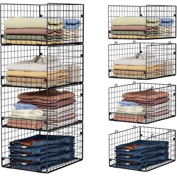 Huxidaja Stackable Closet Organizers and Storage Baskets, 4-Tier Foldable Metal Wire Mesh Storage Bins, Wide Mouth, Black