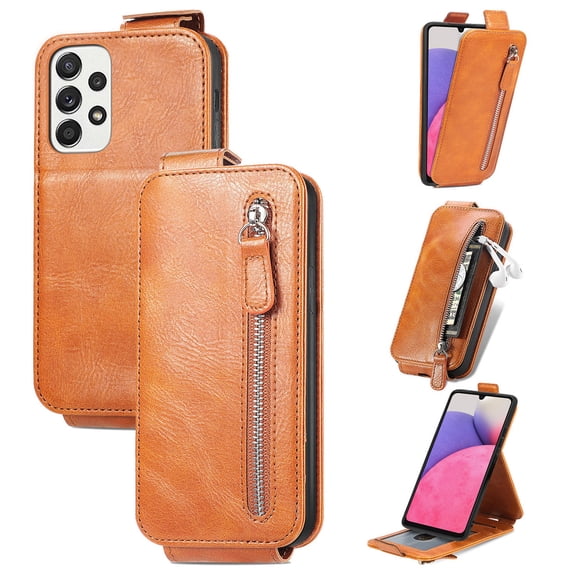 SaniMore for Samsung Galaxy A33 5G Magnetic Closure Top & Bottom Flip Wallet Case, Premium PU Leather Cover with Car Mount Card Slot & Adjustable Kickstand Full Body Protective Shell, Brown