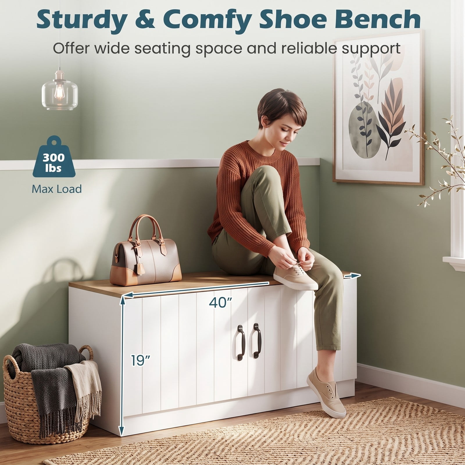 Furnibear 2-Door Shoe Bench Storage Cabinet with Adjustable Shelves and Wide Seat for Entryway Hallway and Bedroom, Natural