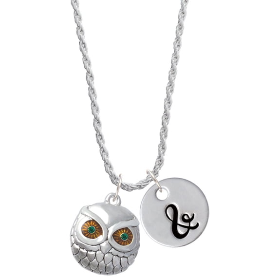 Delight Jewelry Silvertone Large Round Owl with Green Crystal Eyes Silvertone Script Initial Disc - & - Charm Necklace, 20"+3"