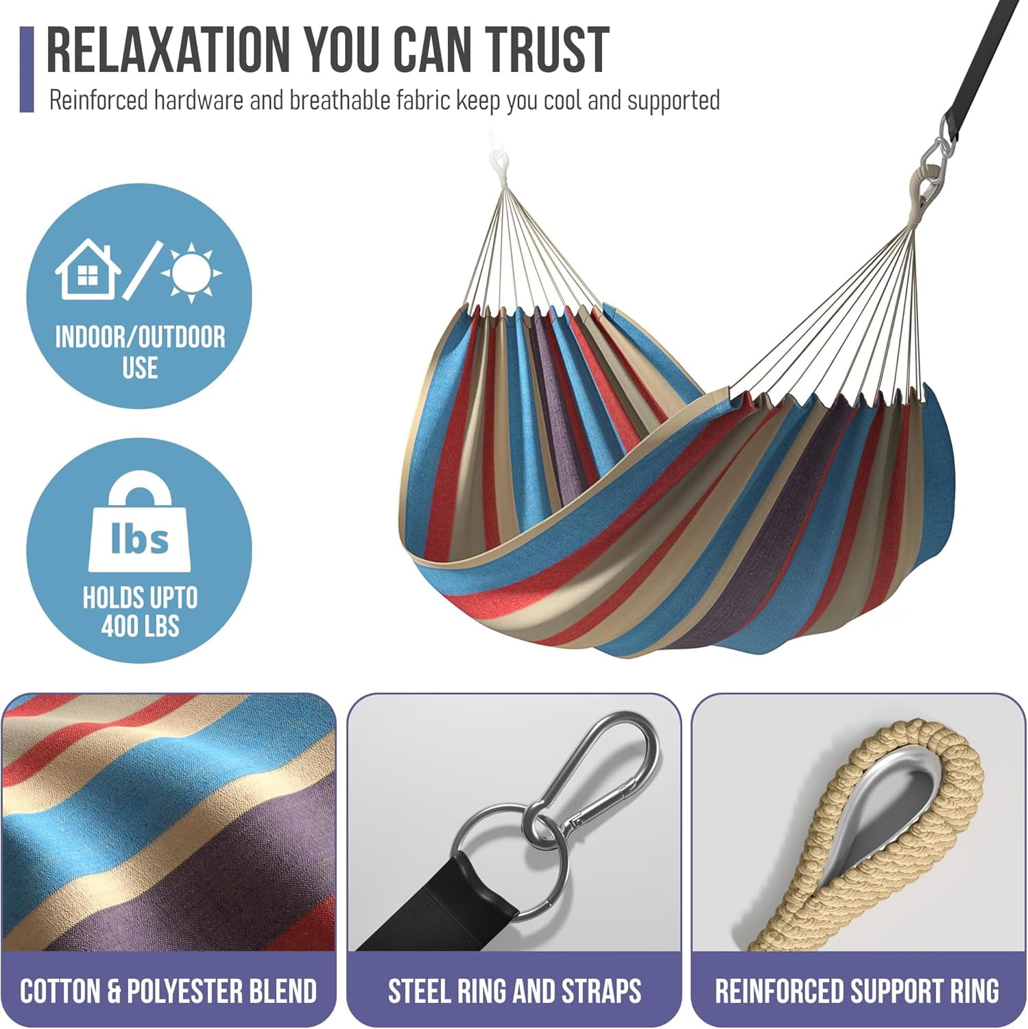 Brazilian Double Hammock - Extra-Long Two Person Portable Hammock Bed for Indoor or Outdoor Spaces - Hanging Rope, Carrying Pouch Included (Blue/Sand/Purple/Red Stripes)