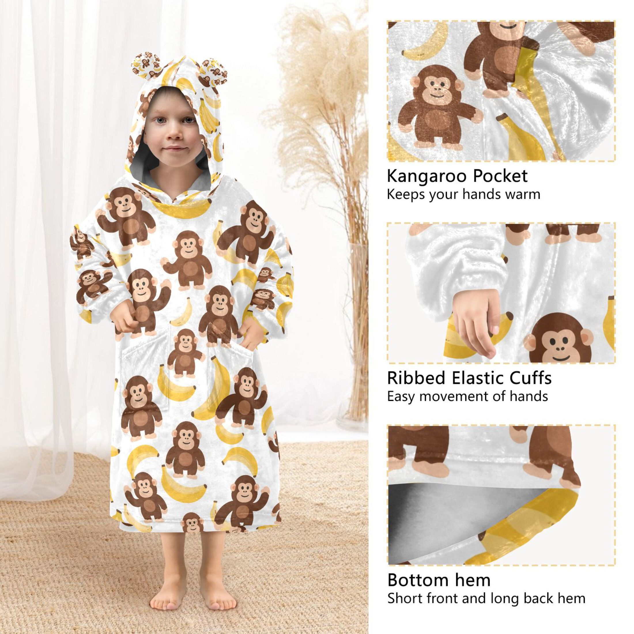 joogoo Wearable Blanket Hoodie for Cartoon Monkey Bananas Cute Oversized Sherpa Hooded 3-14 YR M