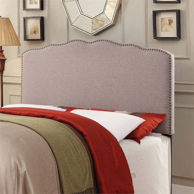 HomeFare Nailhead Upholstered Queen Shaped Headboard in Hayden Silver