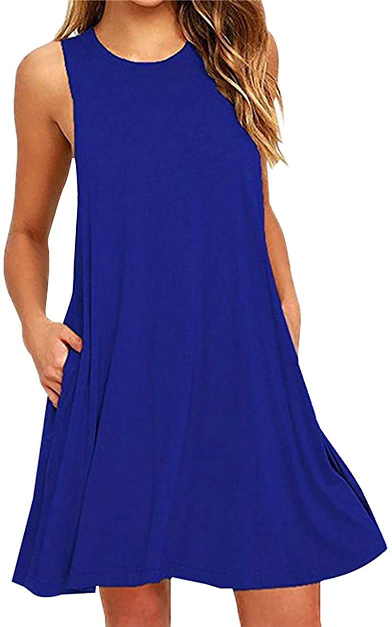 YUNDAI Womens Summer Sleeveless Casual Dresses Swing Cover Up Elastic Sundress with Pockets