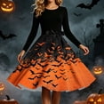 thumbnail image 4 of Women's Vintage Halloween Bat Print Swing Dress Long Sleeve 1950s Retro A-Line Midi Dresses with Satin Sash Belt for Gothic Cosplay Evening Prom Party, 4 of 6
