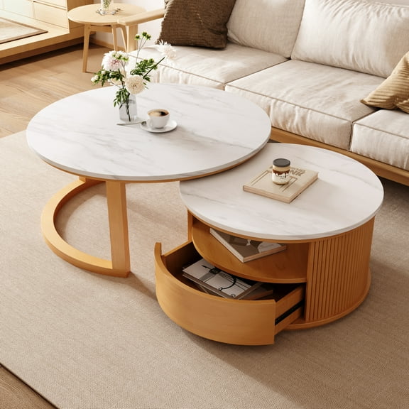 Round Nesting Coffee Table with White Marble Top, Two-Tier Open Storage and Drawer, Natural Wood Base for Modern Living Room