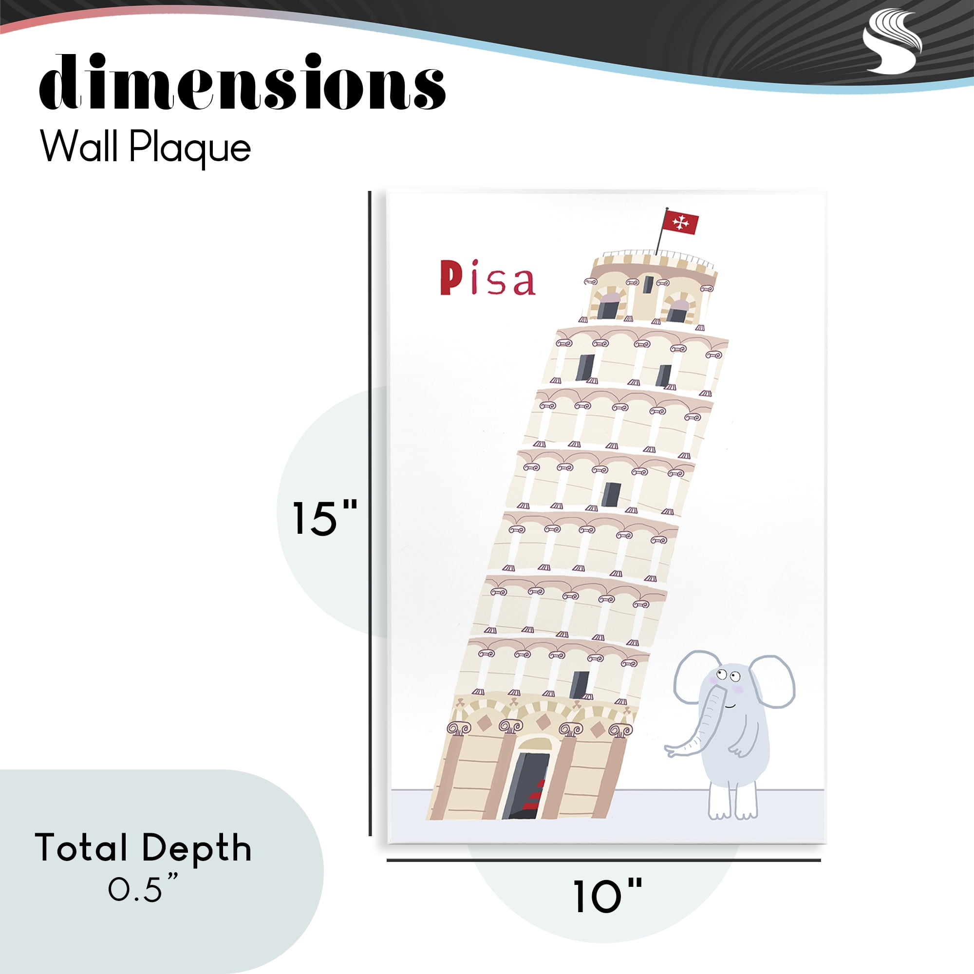 Elephant & Leaning Tower Pisa Wall Plaque Art, design by Carla Daly