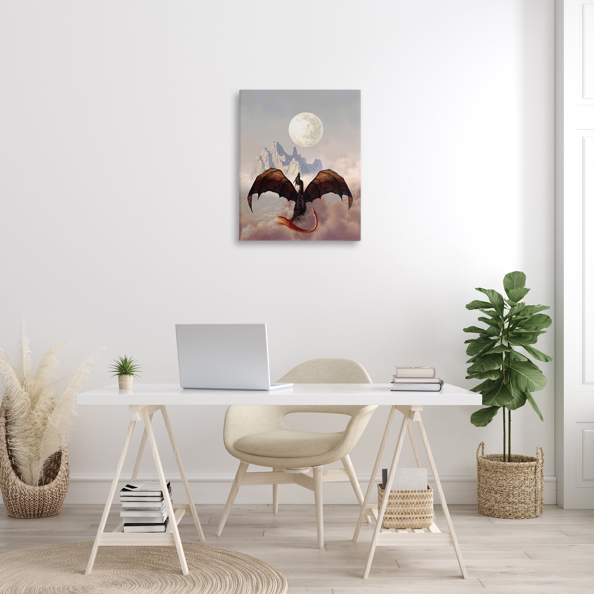 Stupell Industries Dragon & Full Moon Fairy Tales & Fantasy Painting Gallery Wrapped Canvas Art Print Wall Art, 24 x 30