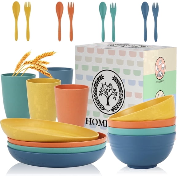 Homienly Dishware Sets, 20-Piece Wheat Straw Dinnerware Set, Plates, Bowls & Cups with Flatware, Service for 4, Microwave & Dishwasher Safe, for Kitchen, Outdoor, RV, Dishes Set, Multicolor