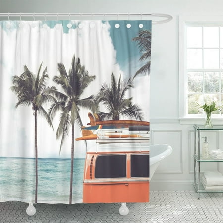 Vintage Tropical Shower Curtain PKNMT Vintage Car Parked Tropical Beach Seaside Surfboard Roof Leisure Polyester Shower Curtain 60x72 inches ()