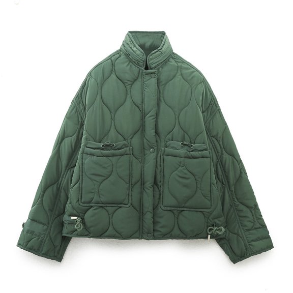 XPMWRP Women's Solid Color Quilted Jacket Long Sleeved Zip Oversized Casual Jackets Winter Warm Trendy Loose Coat with Pockets Green L