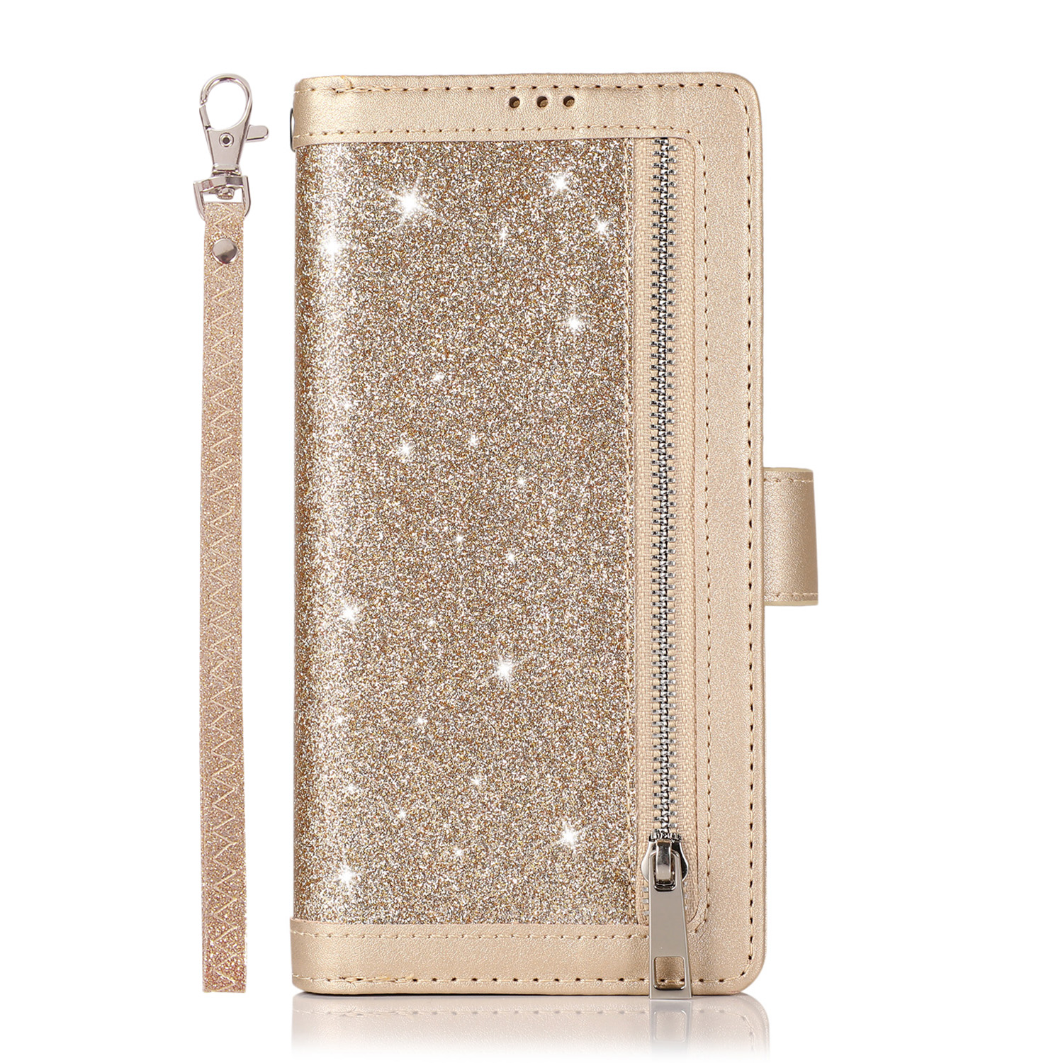Galaxy S21 Ultra Wallet Case,Allytech Bling Flip Folio PU Leather Magnetic Kickstand Cell Phone Cover with Credit Card Holder,Zipper Pocket Wrist Strap for Samsung Galaxy S21 Ultra 5G 6.8 Inch, Gold - image 2 of 7