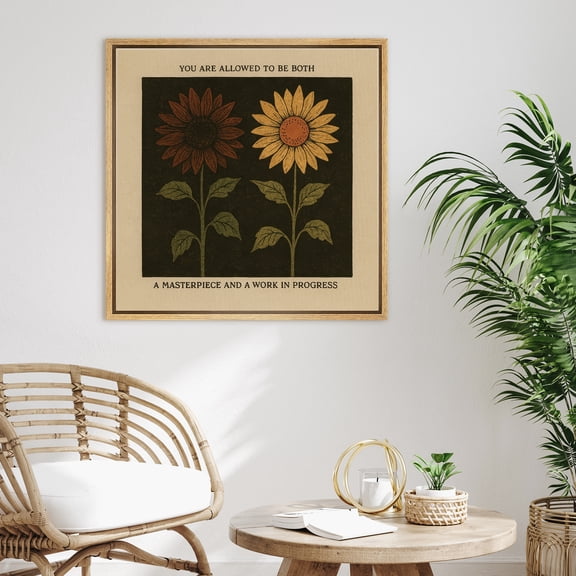 Framed Canvas Print Sunflower Wall Art Vintage Botanical Decorative for Living Room Bedroom - 16"x16" NATURAL