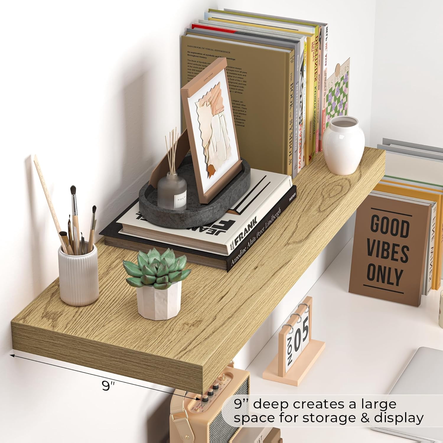 Memories Floating Shelves - 24 Inch Rustic Wooden Wall Shelves - Extra Deeper & Thicker Wall Mounted Storage Shelf for Living Room, Kitchen, Farmhouse - 24" x 9" x 1.6" 2Pack, Oak