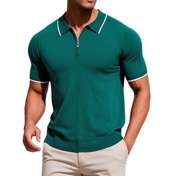 DARING DIVA Men's Formal Short Sleeved Zipper Slim Fit Classic Polo Shirts S Green